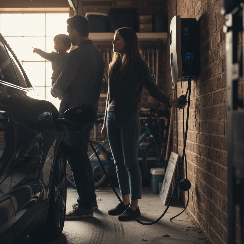 Family plugging in an electric vehicle to a home charging station in a driveway