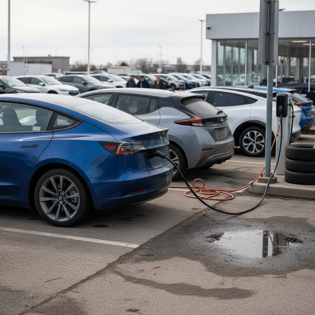 Used electric car plugged into a home Level 2 charger with focus on charging port and cable