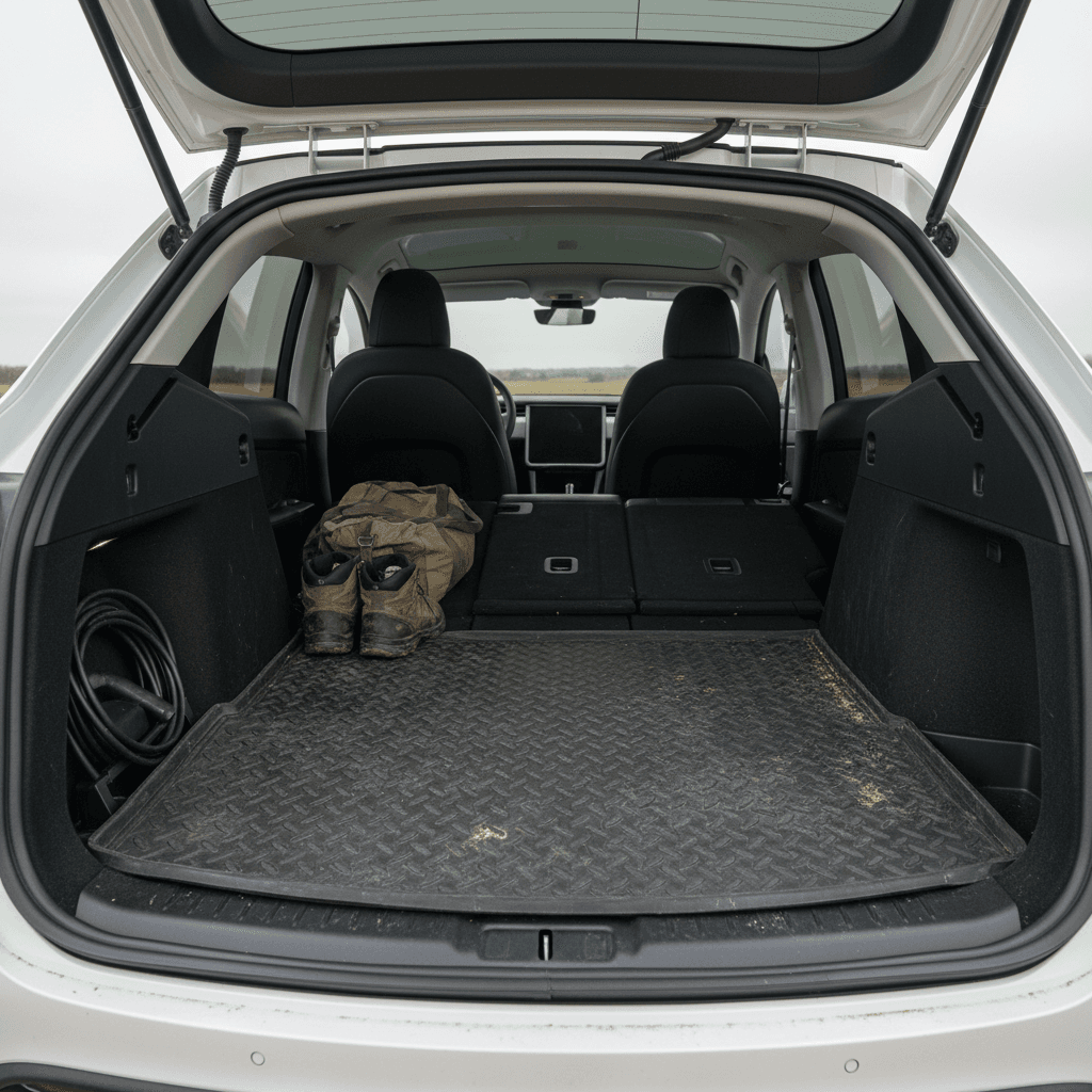 Tesla Model Y interior with rear seats folded to show large flat cargo space