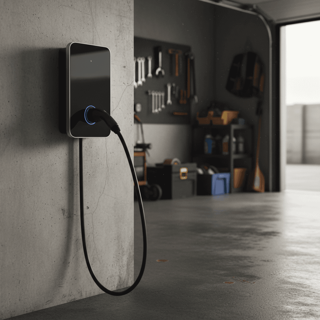 Electric car plugged into a wallbox charger in a home garage