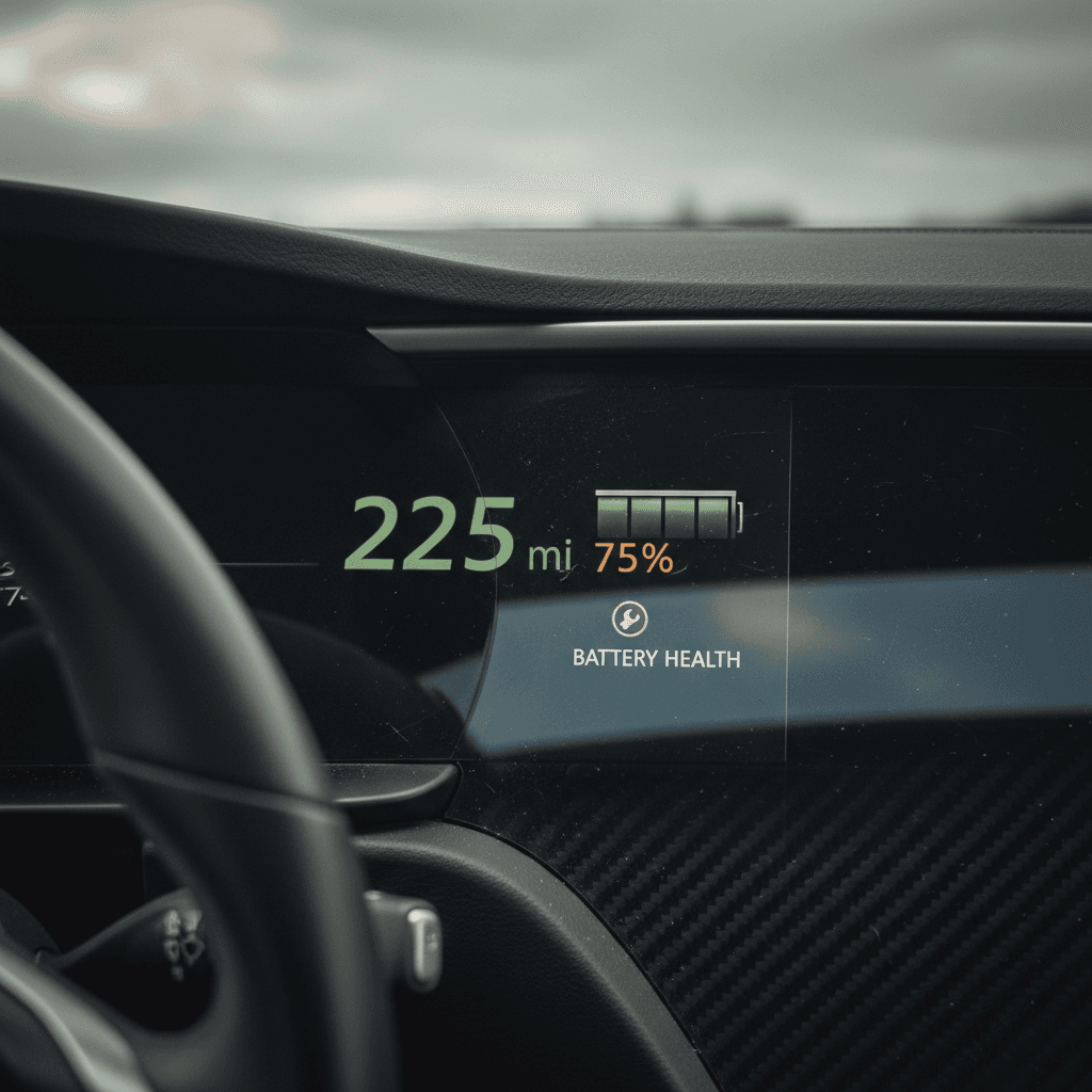 Tesla digital dashboard showing state of charge and remaining driving range