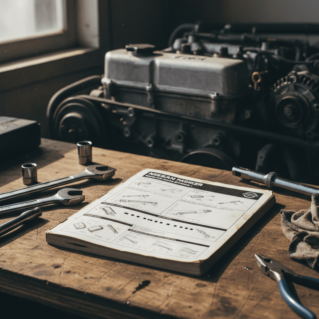Mechanic performing scheduled service on a Nissan Pathfinder SUV on a lift