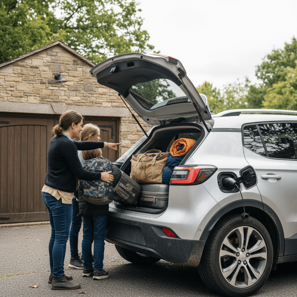 Family loading luggage into the back of a compact electric SUV