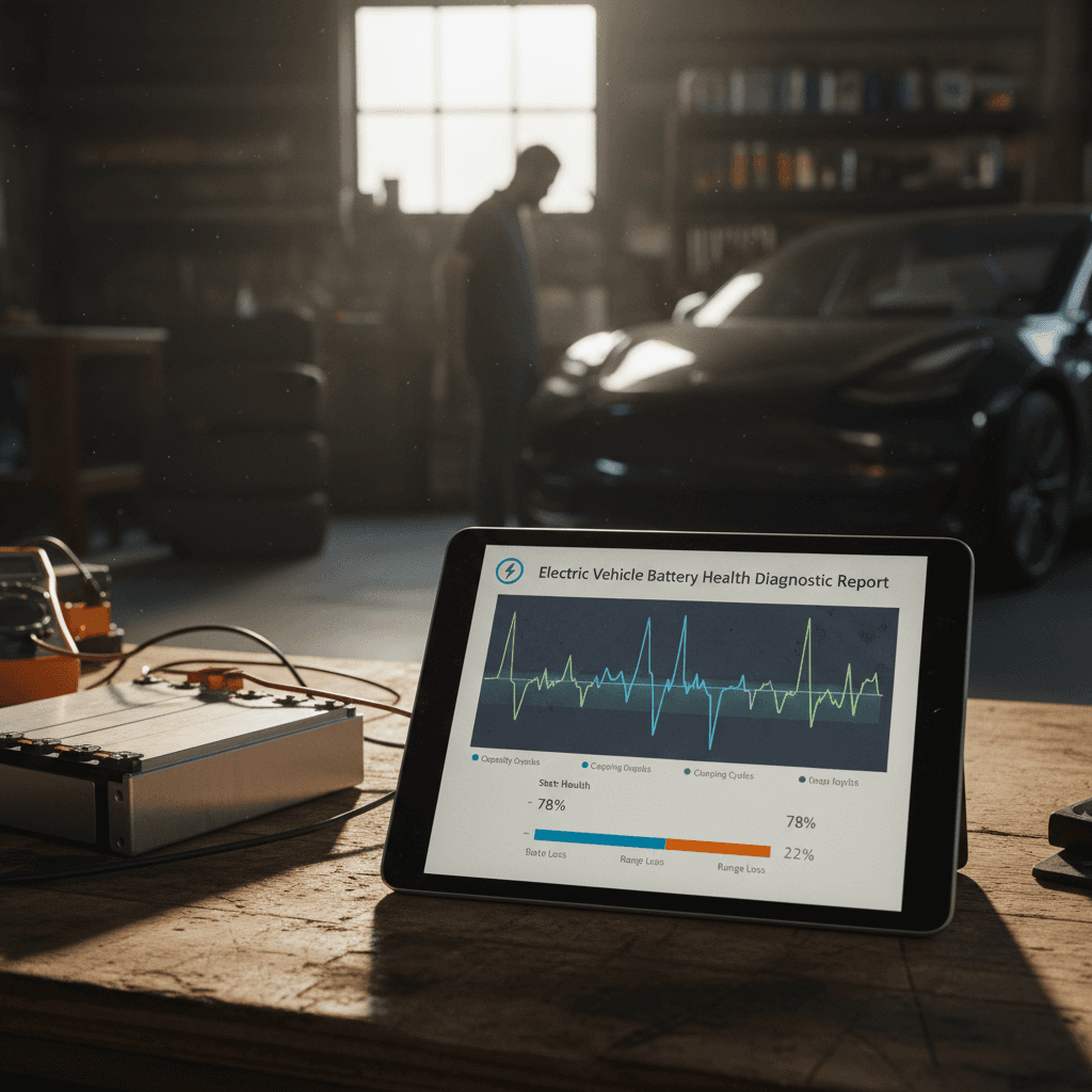Technician reviewing a battery health diagnostic report for a used electric vehicle