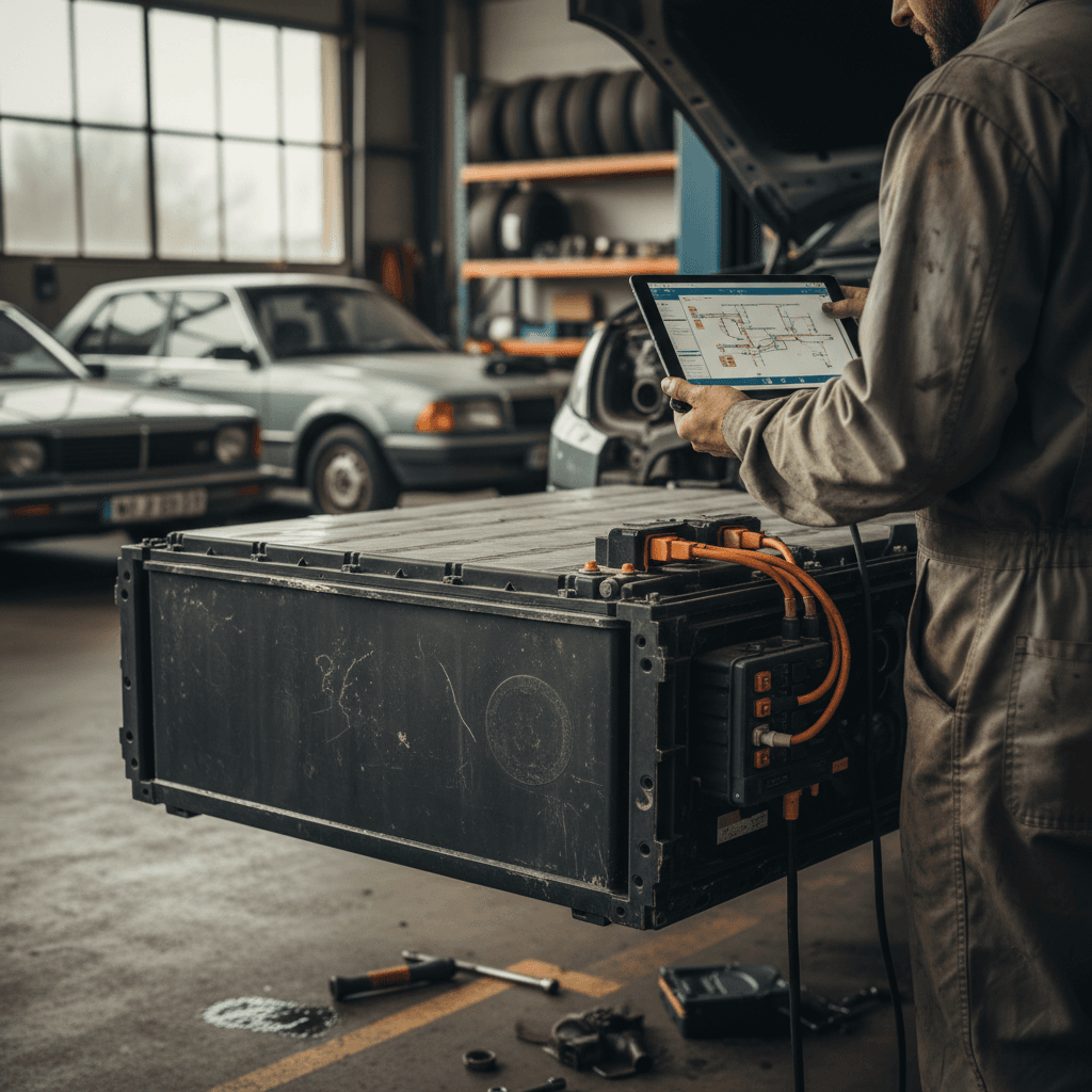 Closeup of an electric vehicle’s tire and brake components being inspected in a workshop