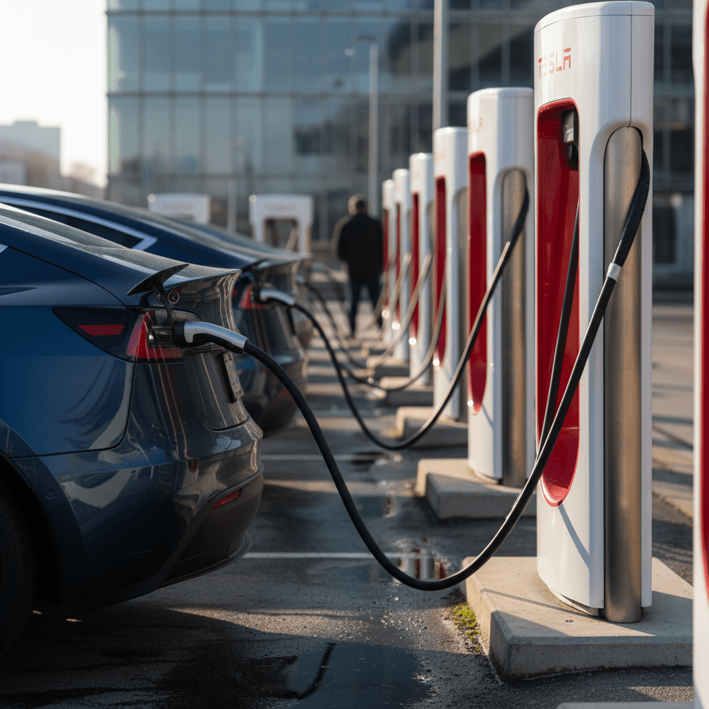 Varios Teslas cargando en una fila de Superchargers en un área de servicio