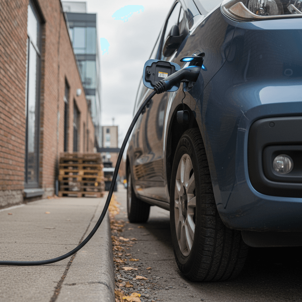 Modern electric cargo van driving through a downtown street