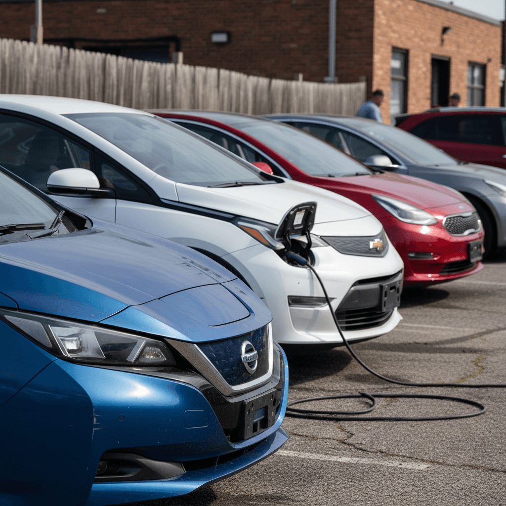 Row of used electric vehicles parked on a lot, highlighting affordable EV options
