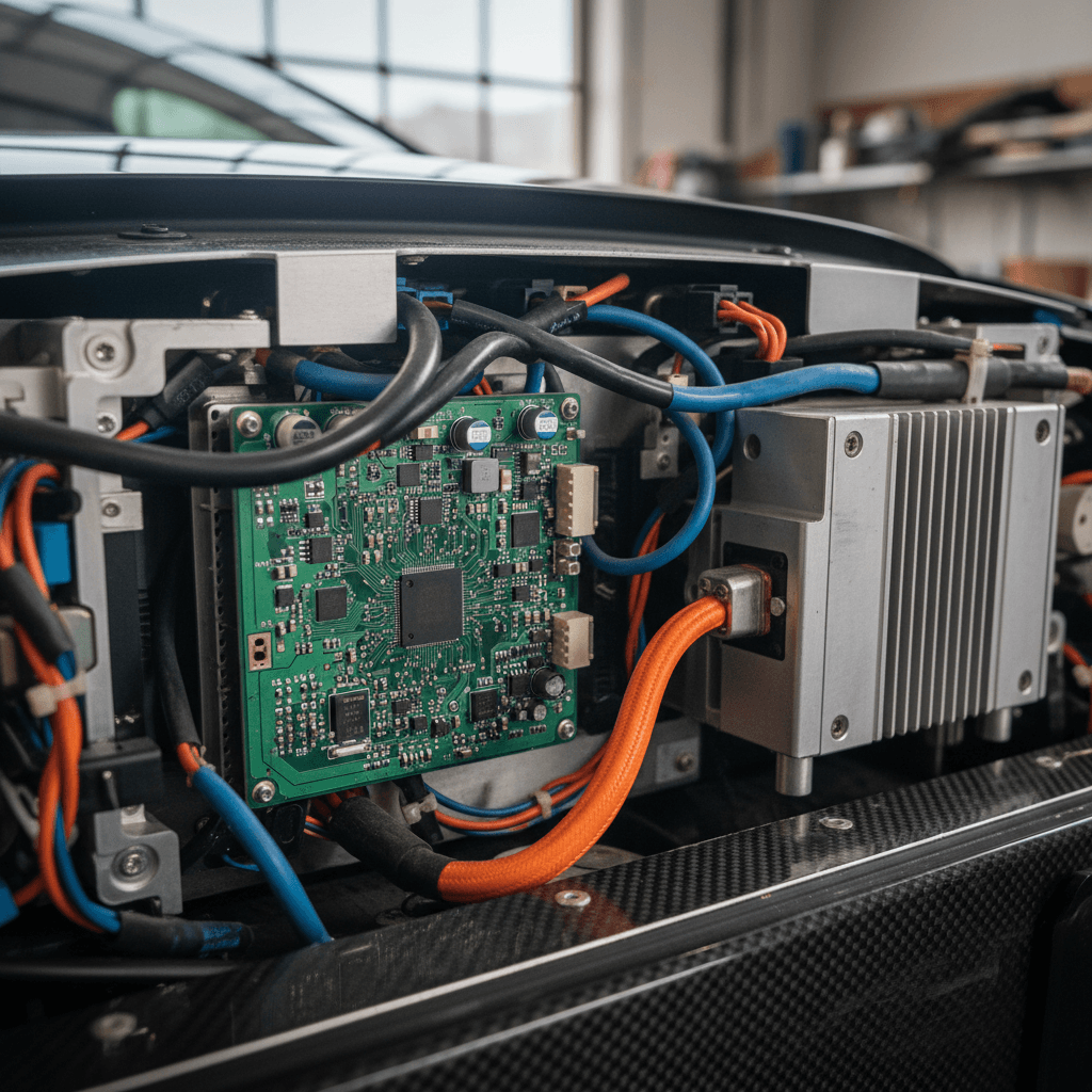 Close-up view of an electric vehicle battery pack and high-voltage cabling under the chassis