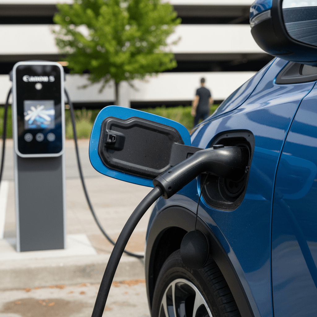 Chevy Bolt EV in motion on a city street, highlighting its compact hatchback design
