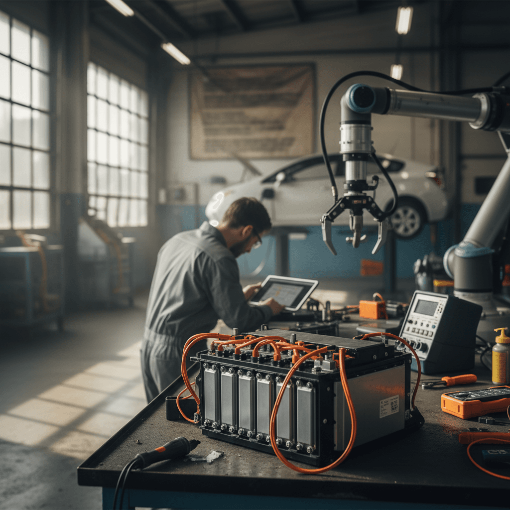 Technician using diagnostic equipment on a hybrid car high-voltage battery in a repair shop