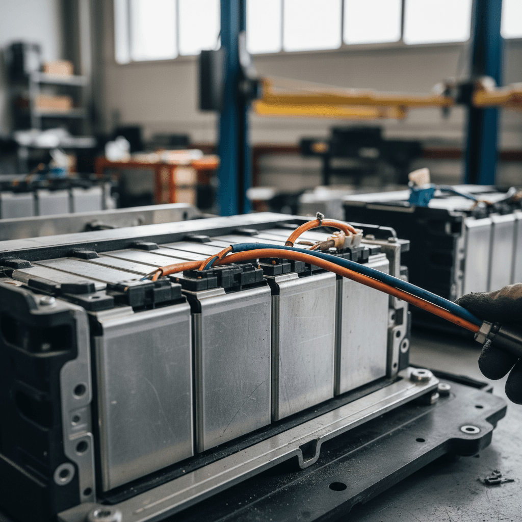 Technicians working under an electric car to access the high-voltage battery pack in a workshop