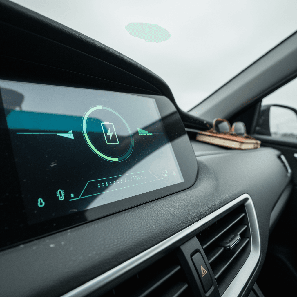 Electric car dashboard showing battery state of charge and estimated driving range