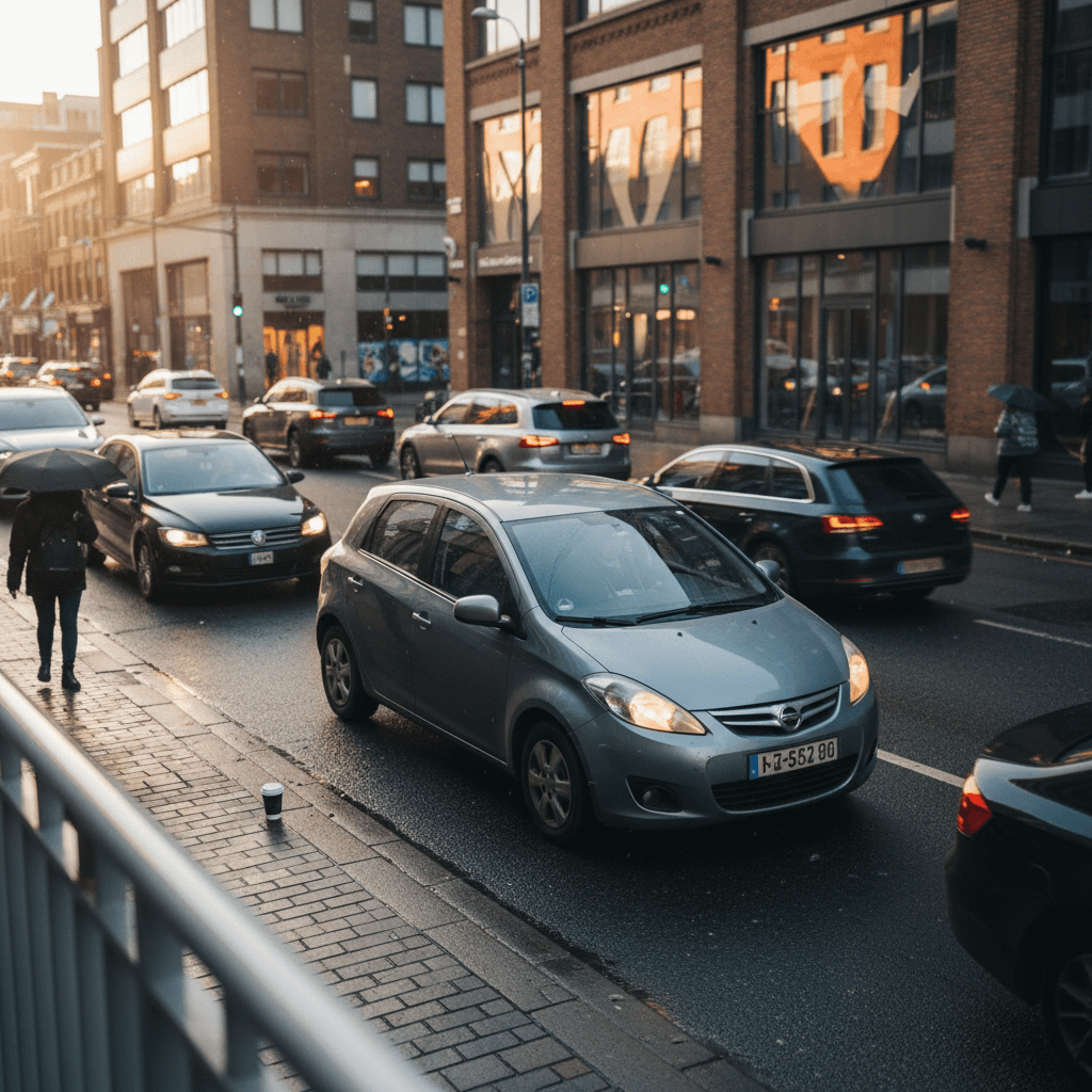Compact electric hatchback parked on a city street near a charging station