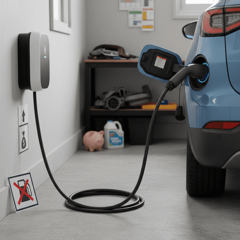 Electric crossover charging overnight in a home garage