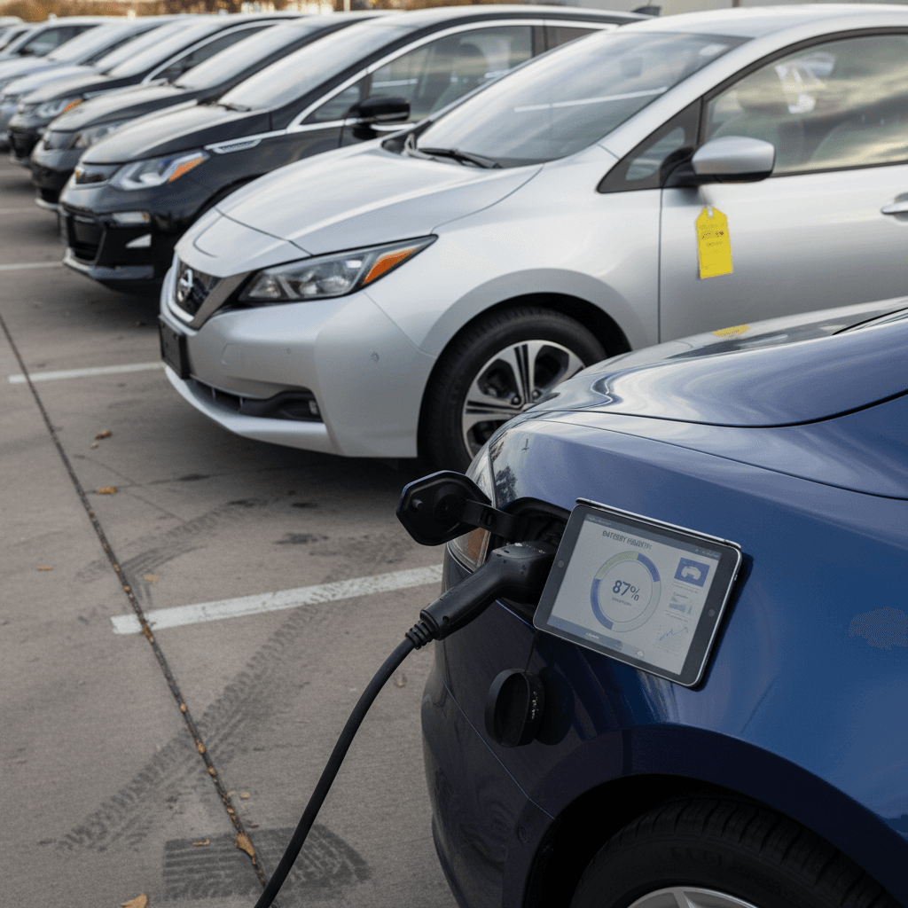 Row of used electric vehicles parked at a dealership lot at sunset
