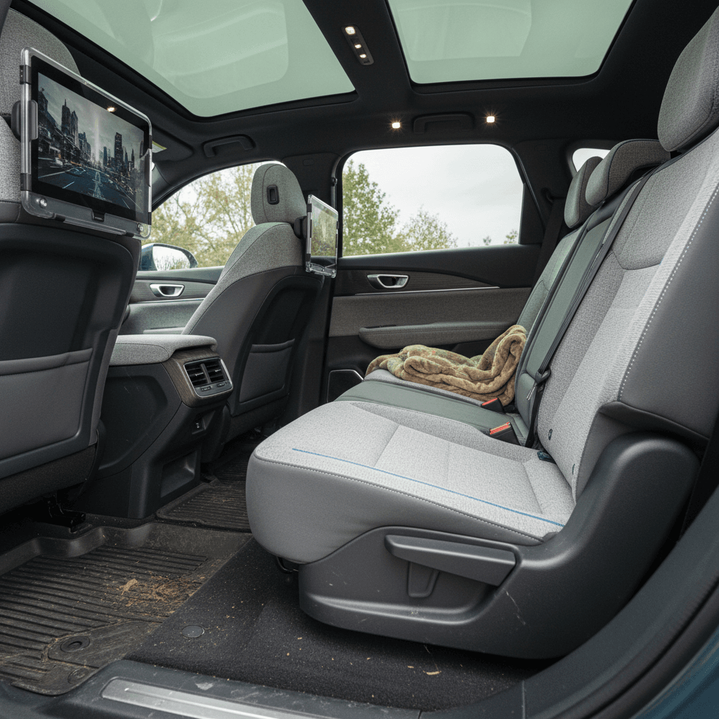 Interior of a modern three-row electric SUV with family-friendly seating