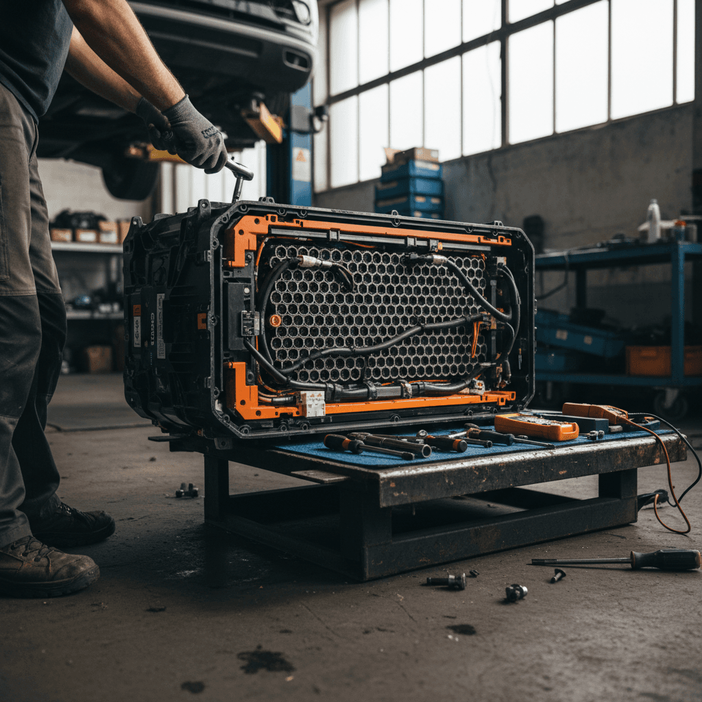 Technician working on an electric vehicle motor in a repair shop