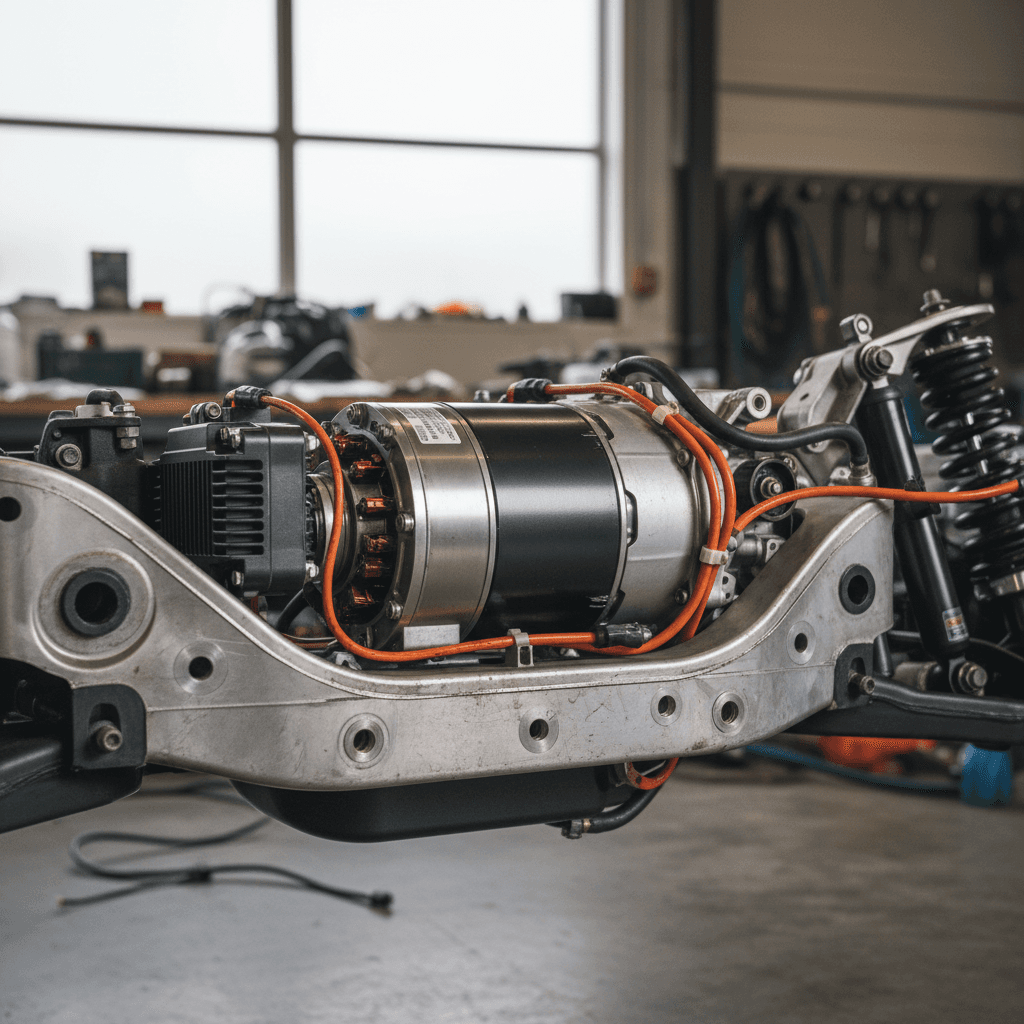 Chassis of an electric car showing the motor and drivetrain components