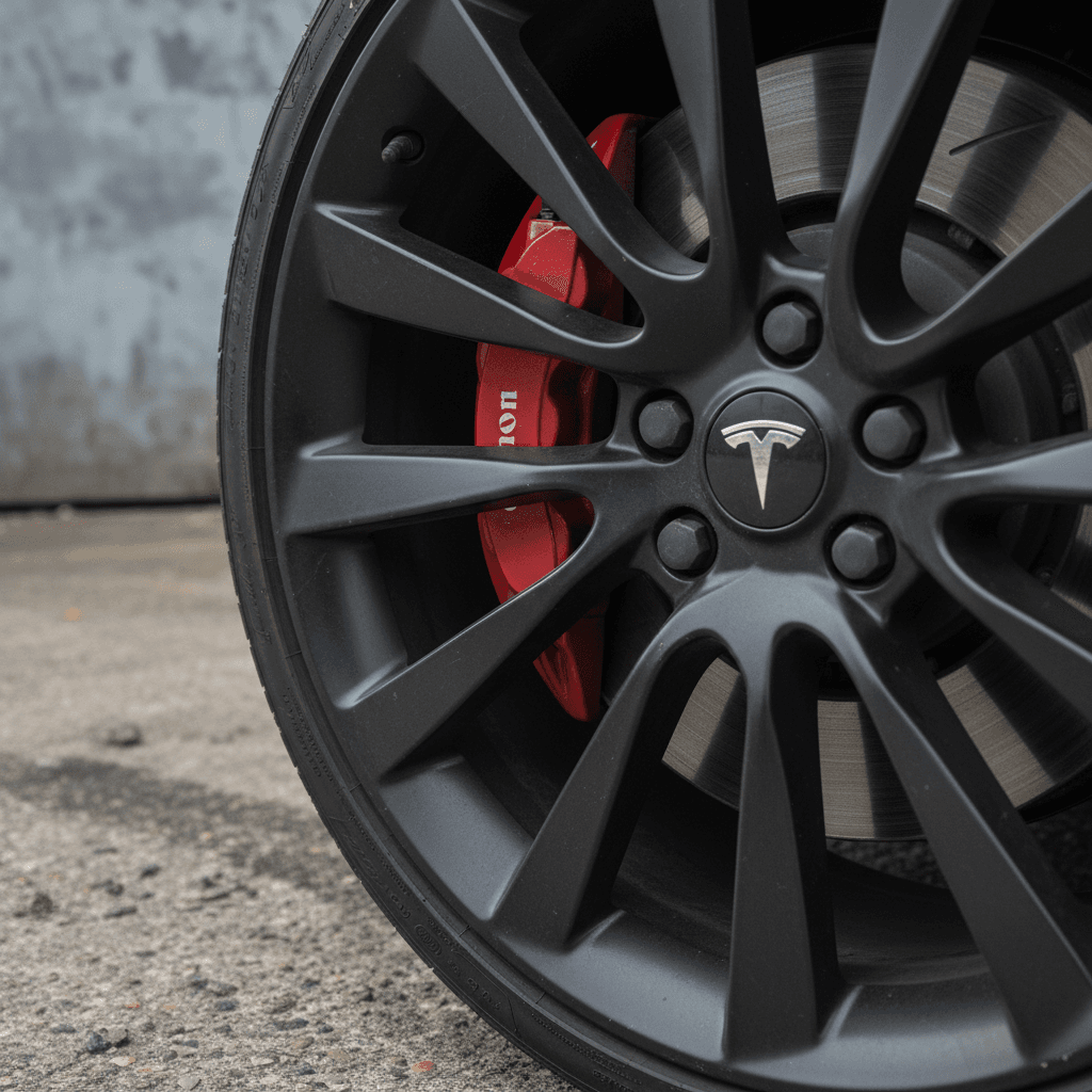Close-up of a Tesla Model 3 wheel and tire showing tread wear