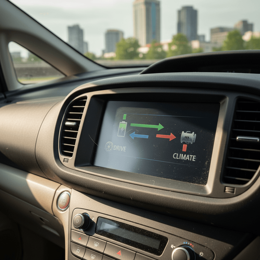 Closeup of a car dashboard showing the climate control set to a low temperature