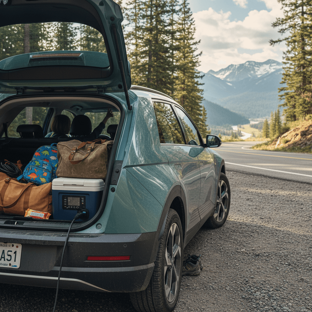 Family loading luggage into an electric crossover SUV for a road trip