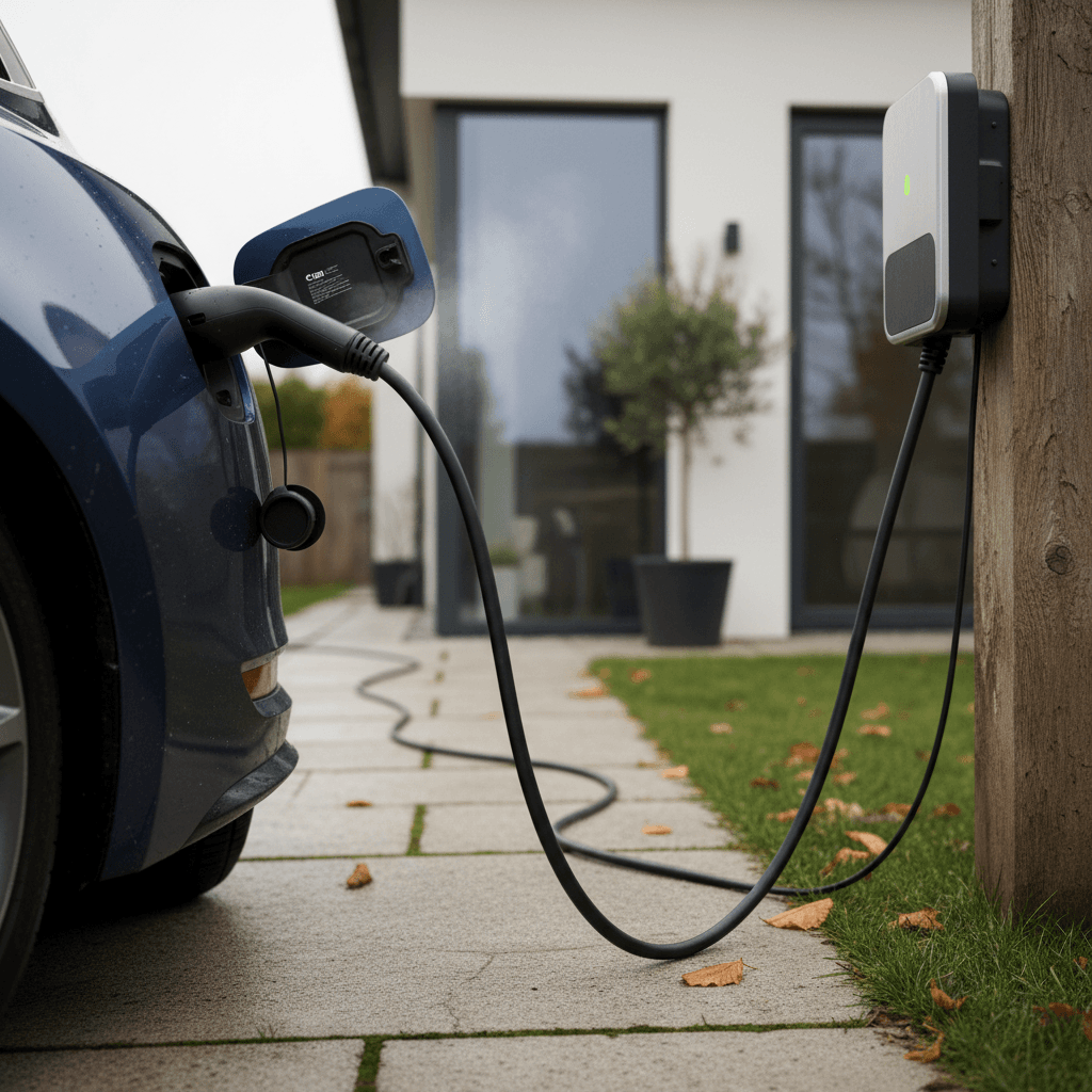 Electric vehicle plugged into a standard home outlet in a residential garage using a Level 1 charging cable
