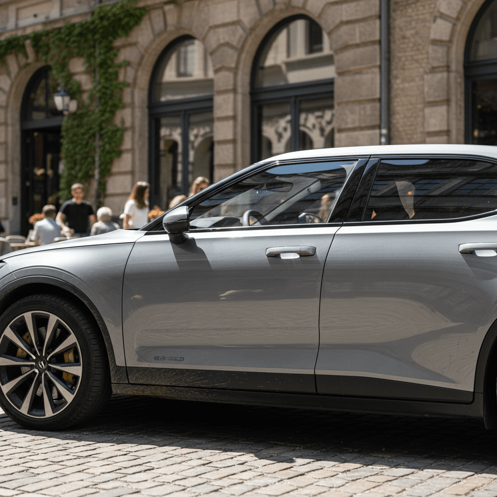 Front three-quarter view of a Polestar electric car parked in an urban setting