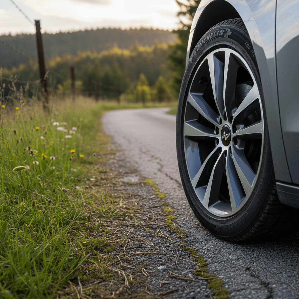 Closeup of an electric vehicle tire tread optimized for low rolling resistance and quiet running