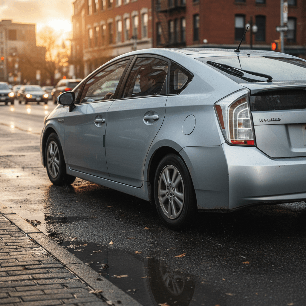 A 2015 Toyota Prius hybrid driving through a city street, symbolizing a dependable 10‑year‑old car