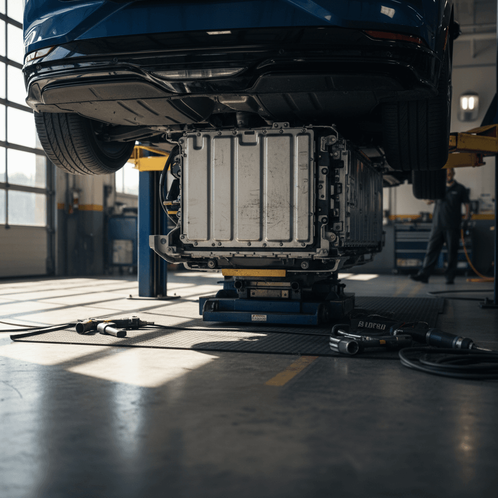 Technician inspecting an electric SUV’s underbody battery pack on a lift in a workshop
