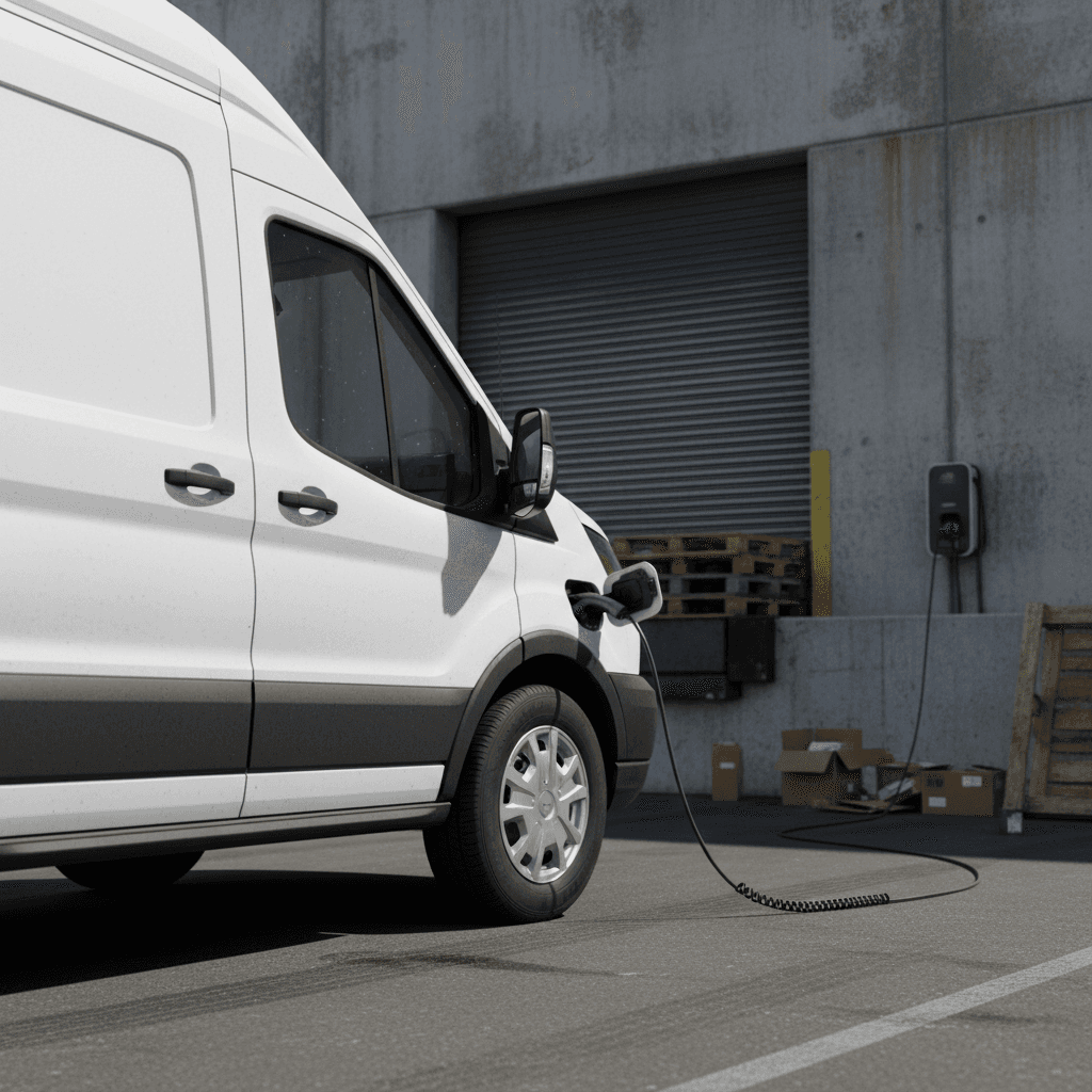 Electric delivery cargo van backed up to a loading dock with workers loading packages
