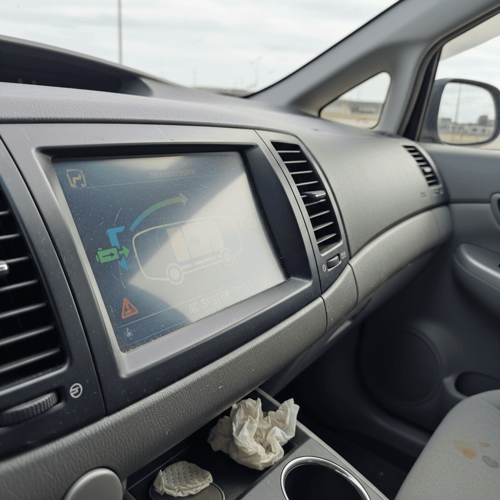 Driver adjusting modern car air conditioning controls on the dashboard