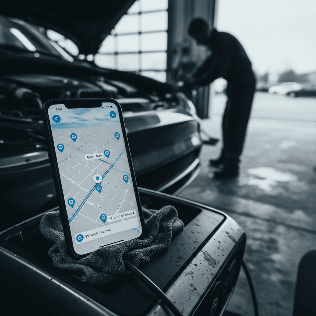 Exterior view of an auto repair shop at night with an illuminated open sign