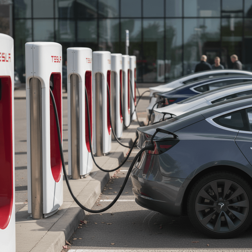Several Teslas charging at a modern Supercharger station at dusk