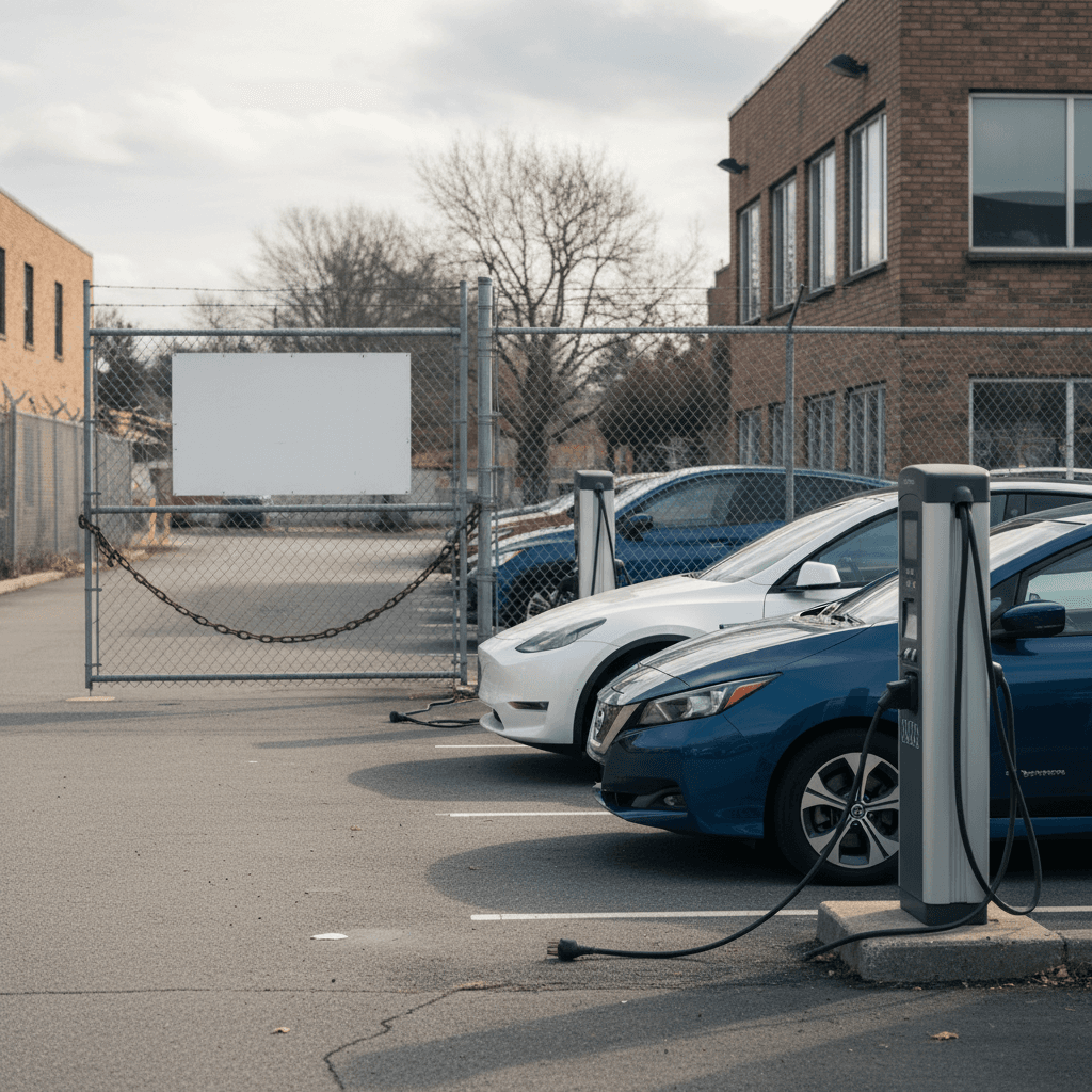 Used electric vehicles parked on a dealership lot in daylight