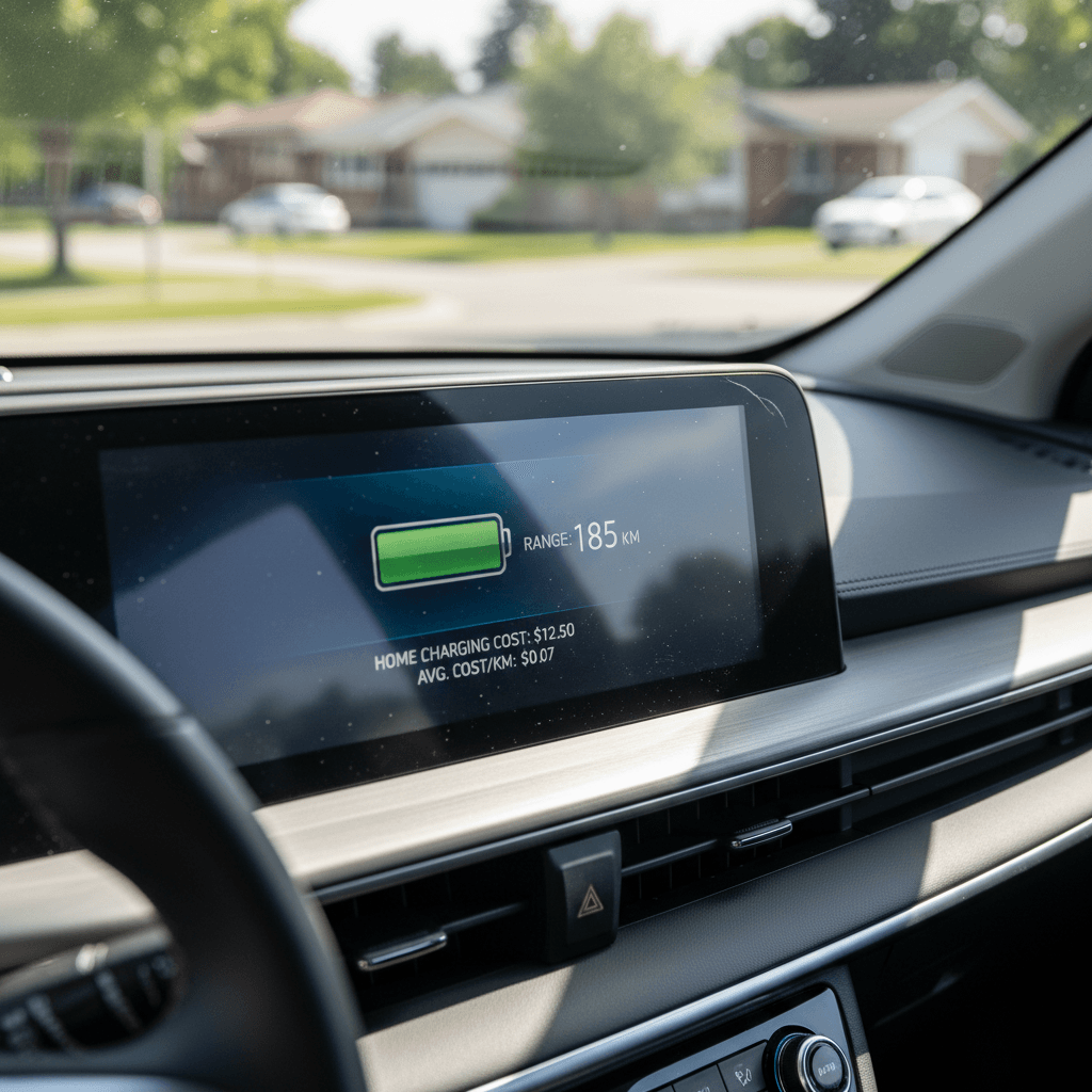 In-car display showing electric vehicle energy usage and cost estimation over a recent trip