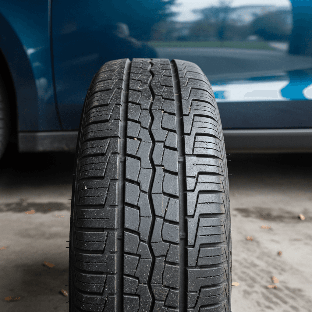 Closeup of an electric car tire on the road, highlighting tread and sidewall