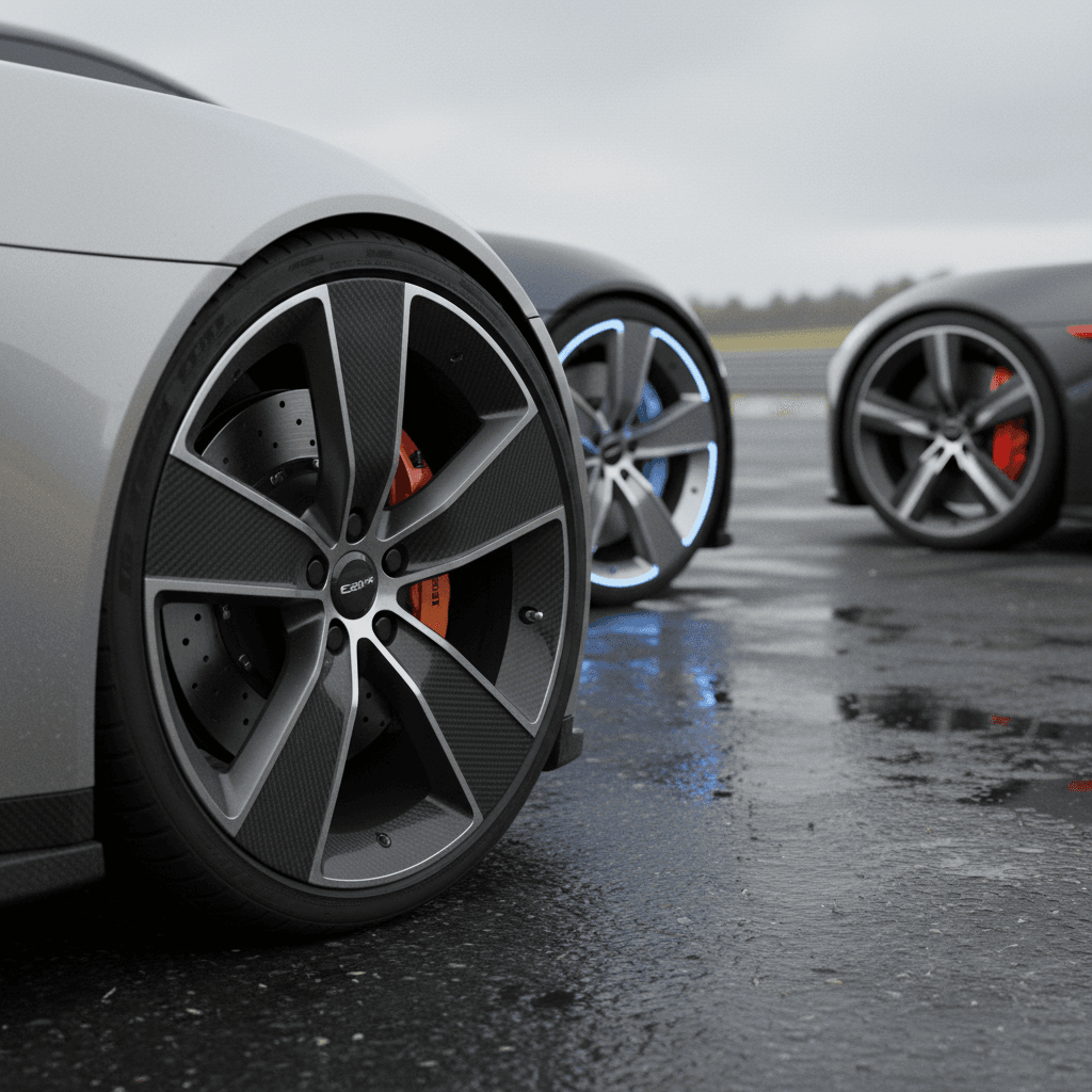 Electric hypercar cornering fast on a racetrack