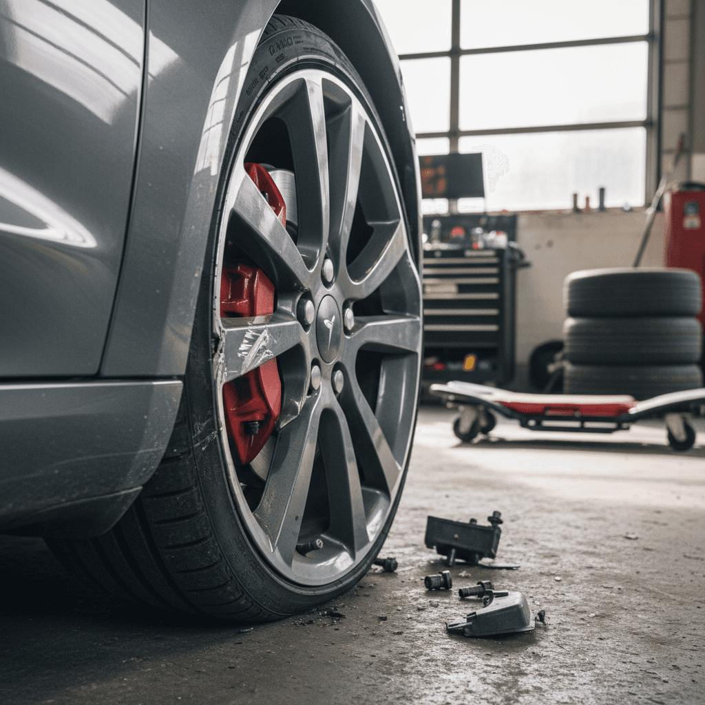 Service advisor in a collision shop writing a repair estimate while standing near a damaged car