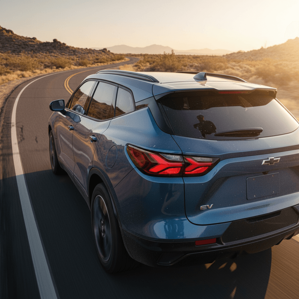 Electric SUV similar to a Chevy Blazer EV driving on a highway at sunset