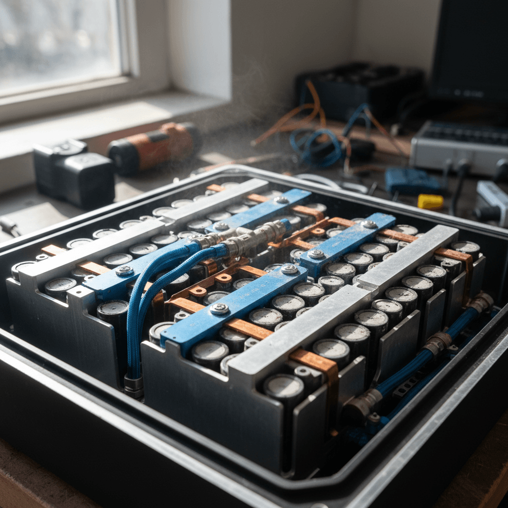 Closeup of a liquid-cooled electric vehicle battery pack with coolant channels