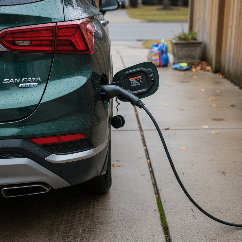 Family-sized electric-style SUV parked in a suburban driveway, similar in size to a Hyundai Santa Fe