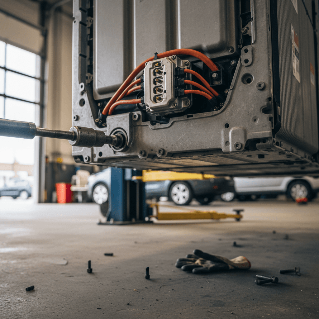 Technicians lowering an electric vehicle battery pack from the chassis on a workshop lift