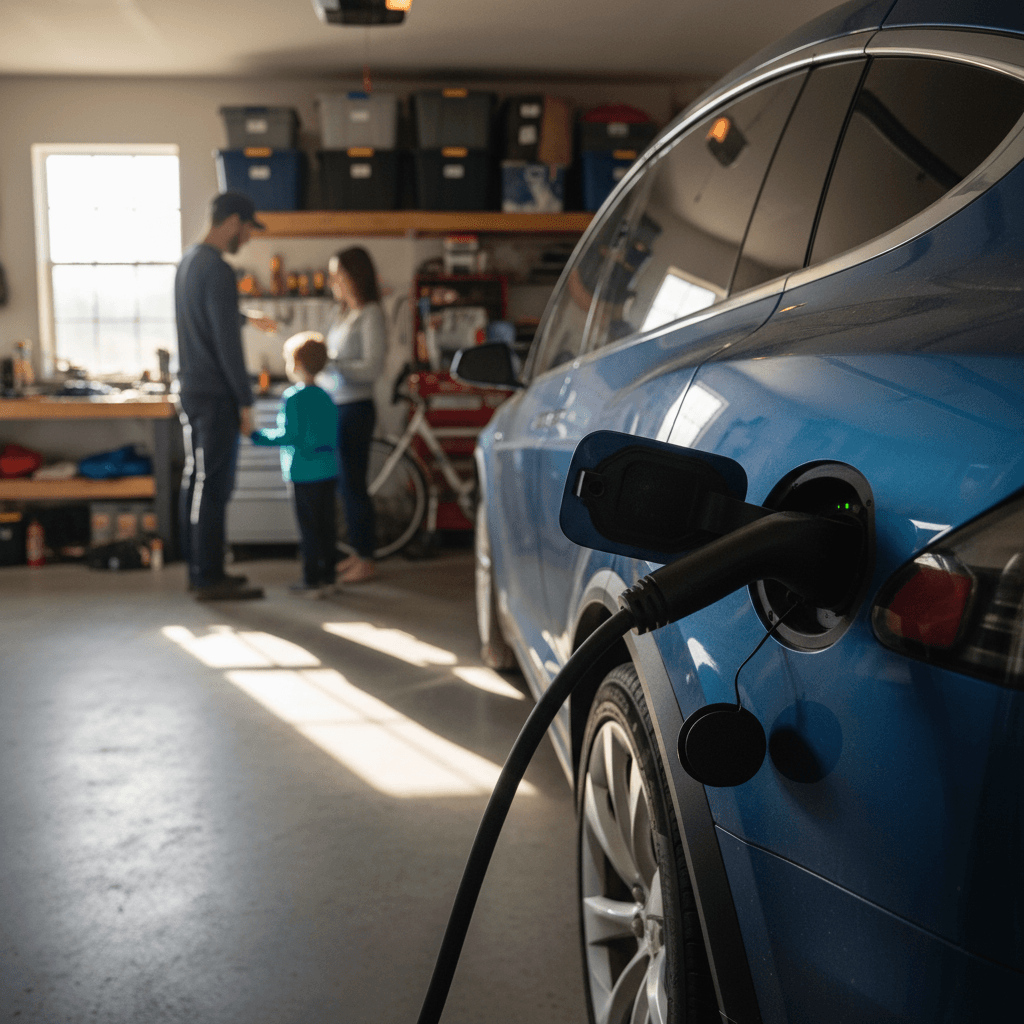 Family charging an all-electric vehicle at home in a residential garage