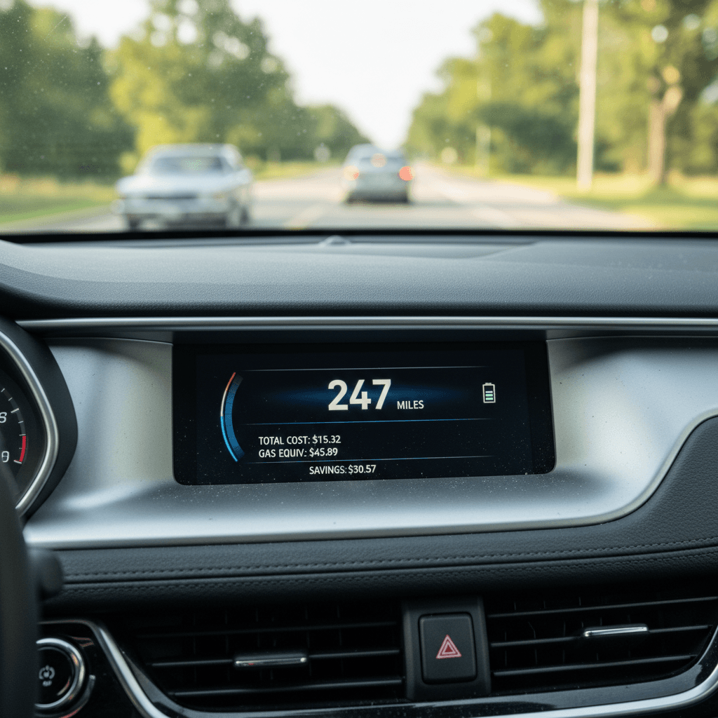 Electric car dashboard showing real-time energy consumption and estimated range