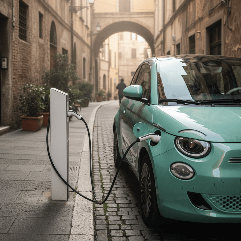 Fiat 500e small electric hatchback driving in a city street