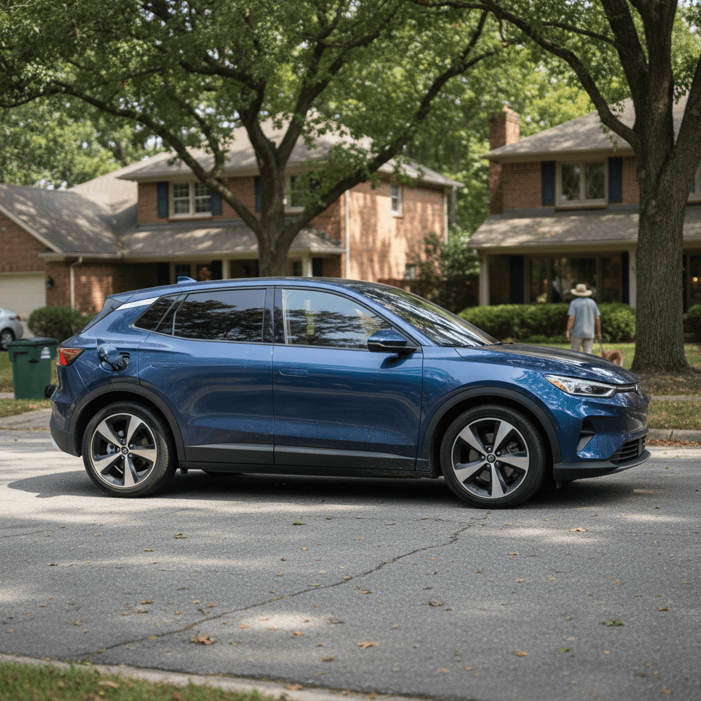 Modern electric SUV driving through a suburban neighborhood street