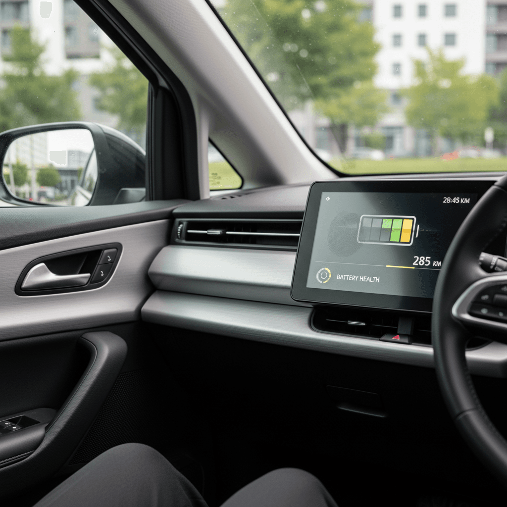 Closeup of an EV dashboard showing battery state of charge and remaining range