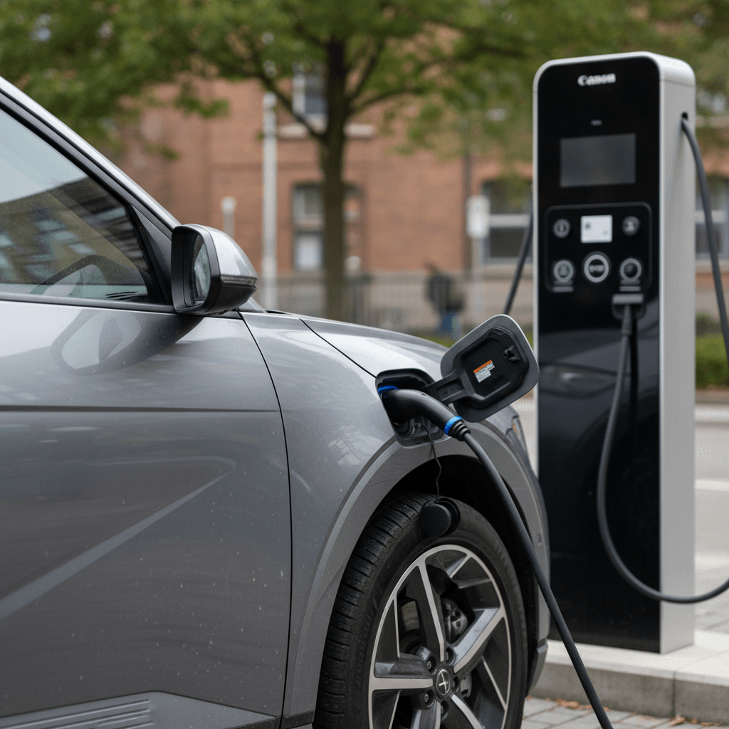 Hyundai IONIQ 6 plugged in at a DC fast charger with cable attached to rear quarter panel